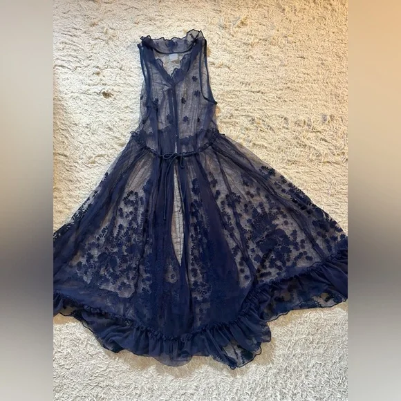 Free People Intimately Maxi Button Front Mesh Slip Dress w/ Collar Sz Small Navy - Picture 8 of 10